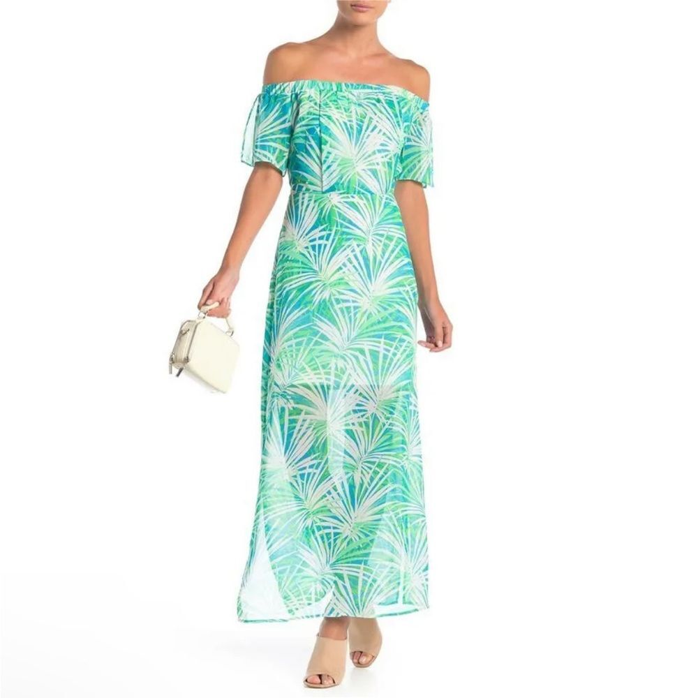 CeCe Vacation Off The Shoulder Maxi Slits Palm Tree Beach Women Dress Size 6